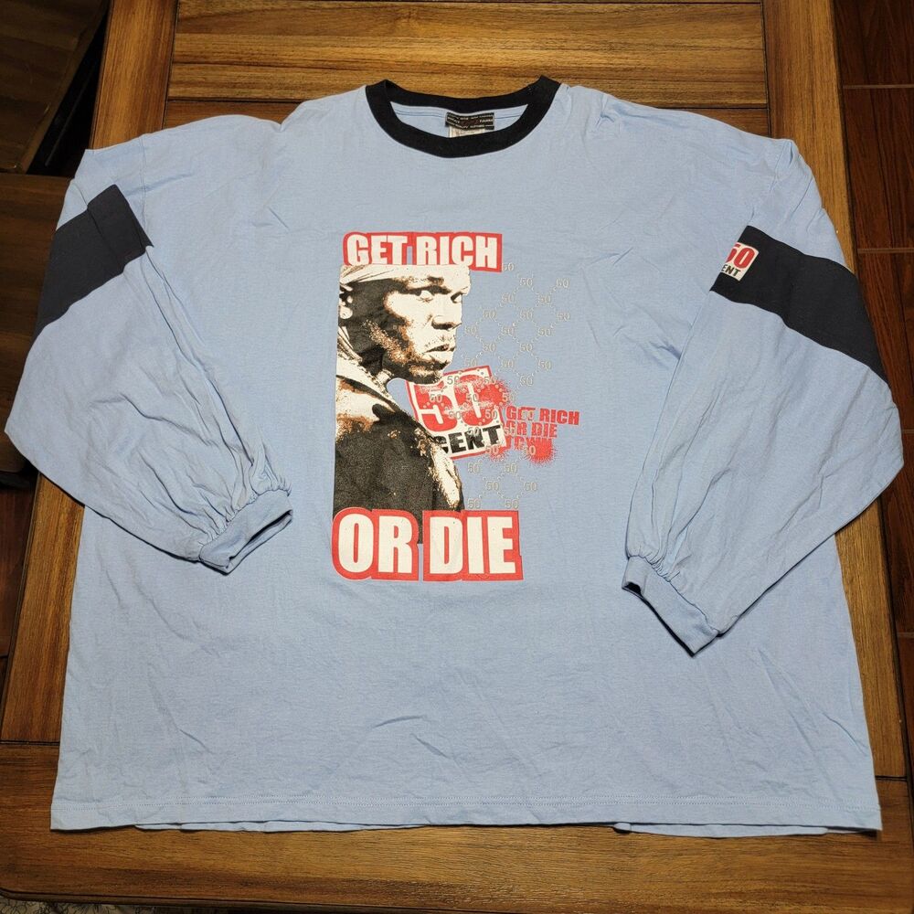 RARE VINTAGE Phat Farm LS Lt. Blue Tee 50 Cent "Get Rich" - Size 3XL